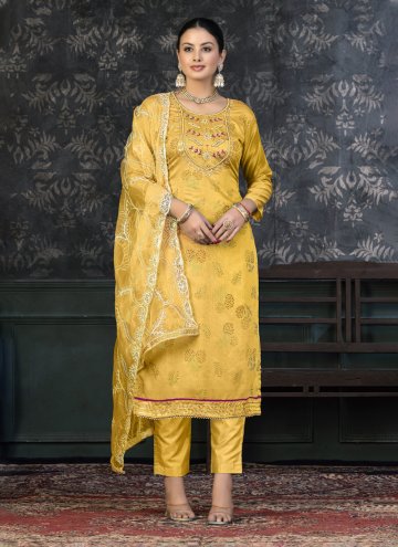 Organza Salwar Suit in Yellow Enhanced with Hand W