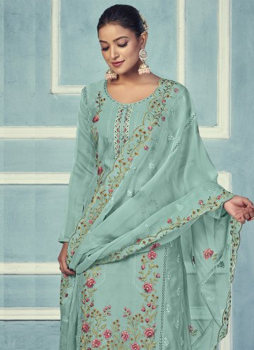 Organza Straight Salwar Kameez in Sea Green Enhanced with Embroidered
