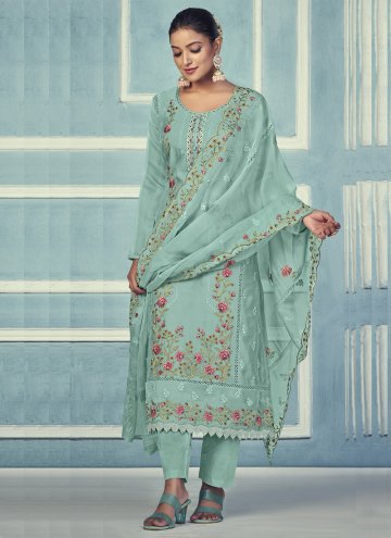 Organza Straight Salwar Kameez in Sea Green Enhanced with Embroidered