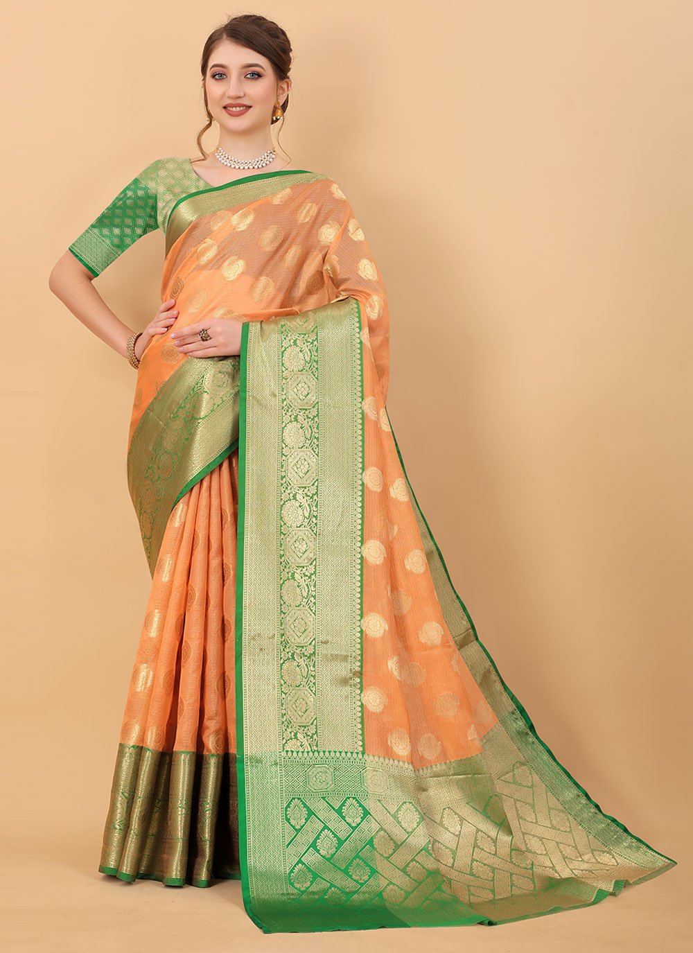 Organza Traditional Saree in Orange Enhanced with Woven