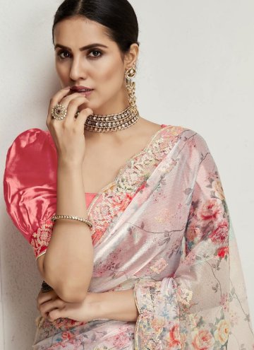 Organza Traditional Saree in Pink Enhanced with Digital Print