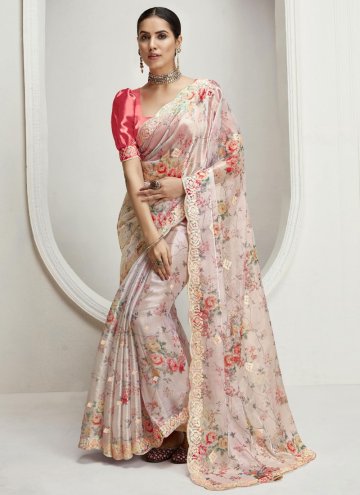 Organza Traditional Saree in Pink Enhanced with Di