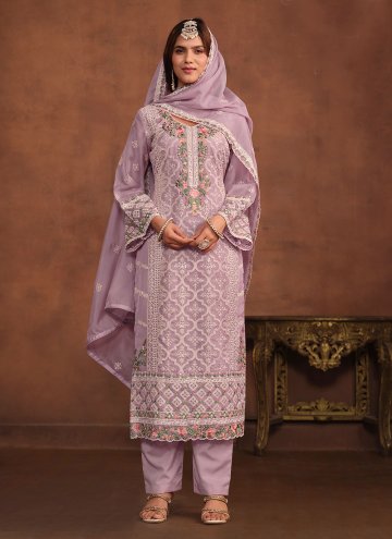 Organza Trendy Salwar Kameez in Lavender Enhanced with Embroidered