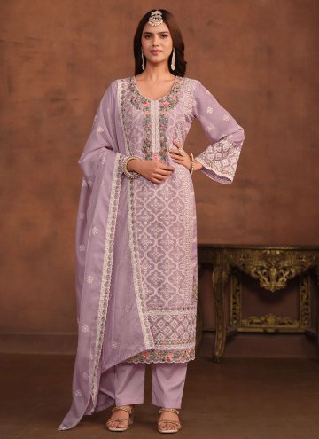 Organza Trendy Salwar Kameez in Lavender Enhanced with Embroidered