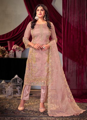 Organza Trendy Salwar Kameez in Peach Enhanced with Embroidered