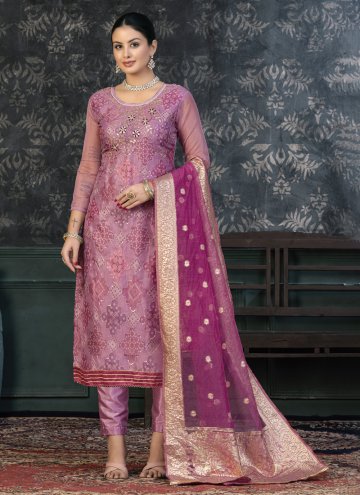 Organza Trendy Salwar Kameez in Pink Enhanced with Embroidered