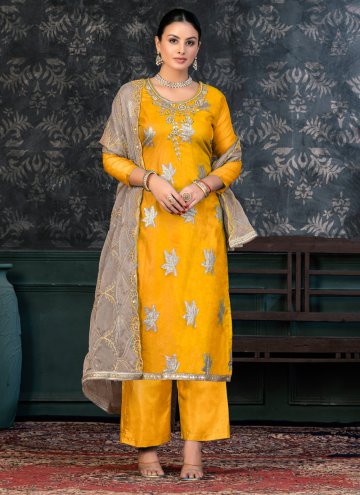 Organza Trendy Salwar Suit in Yellow Enhanced with Hand Work