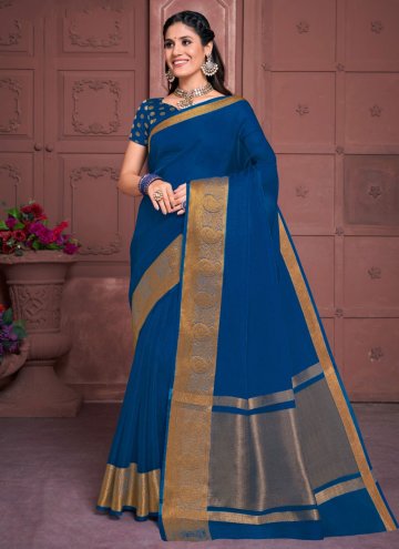 Organza Trendy Saree in Blue Enhanced with Woven