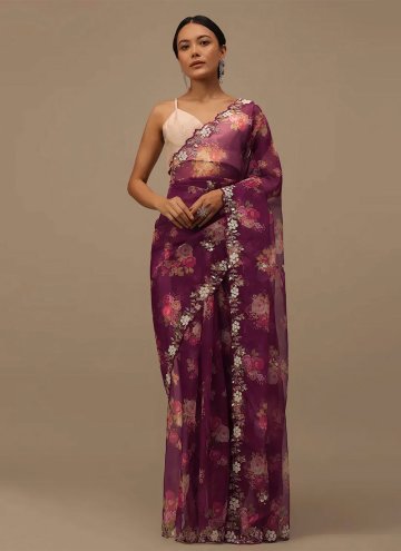 Organza Trendy Saree in Purple Enhanced with Cut D