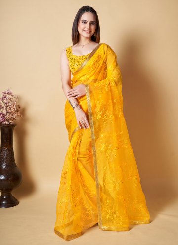 Organza Trendy Saree in Yellow Enhanced with Embroidered