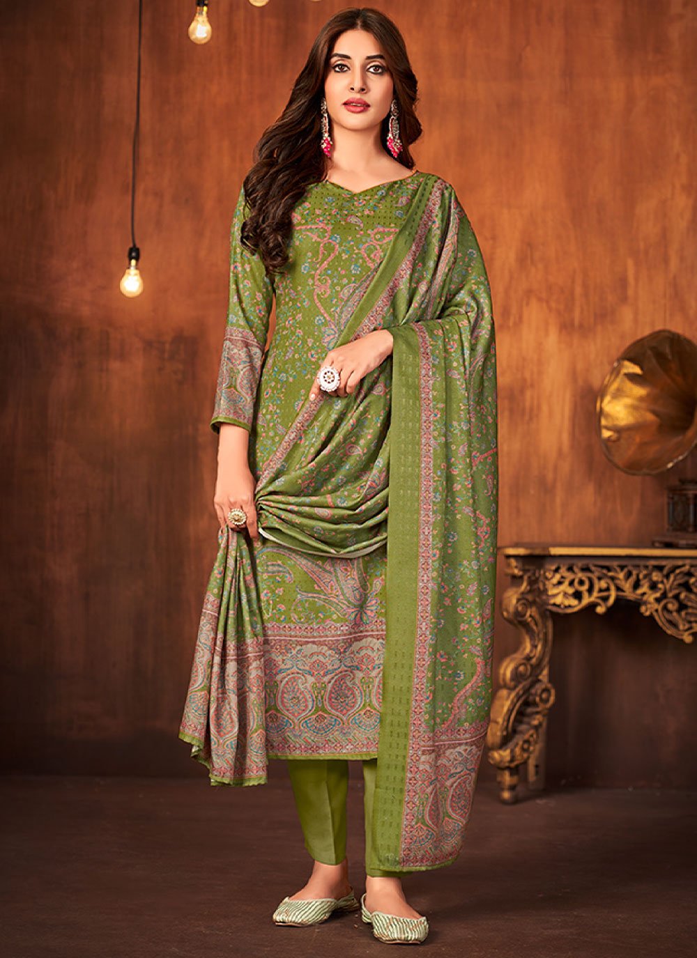 Pashmina Designer Salwar Kameez in Green Enhanced with Diamond Work