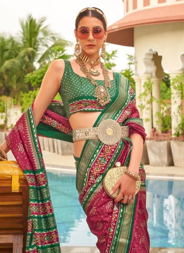 Patola Silk Classic Designer Saree in Green and Pink Enhanced with Patola Print
