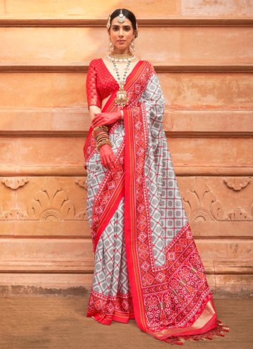 Patola Silk Classic Designer Saree in Grey Enhanced with Patola Print