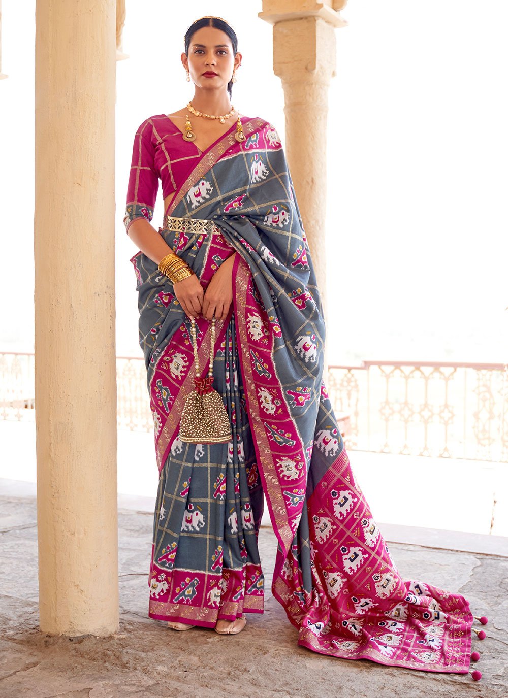 Patola Silk Classic Designer Saree in Grey Enhanced with Woven