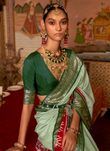 Patola Silk Contemporary Saree in Green Enhanced with Border