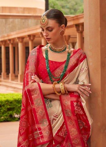 Patola Silk Designer Saree in Cream Enhanced with Woven
