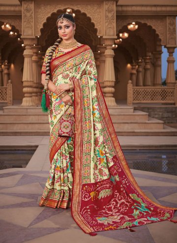 Patola Silk Designer Saree in Off White Enhanced w