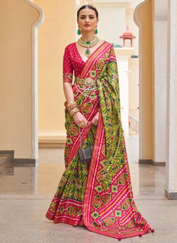 Patola Silk Trendy Saree in Green Enhanced with Pa