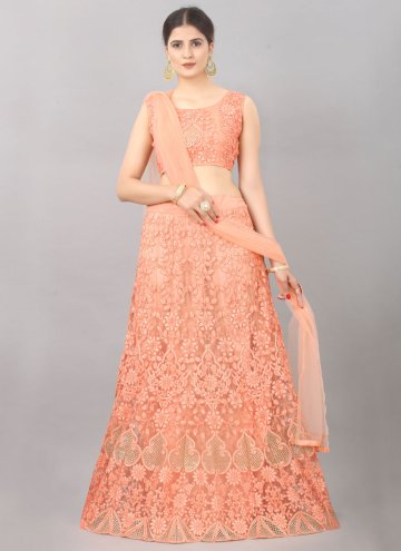 Peach A Line Lehenga Choli in Net with Embroidered