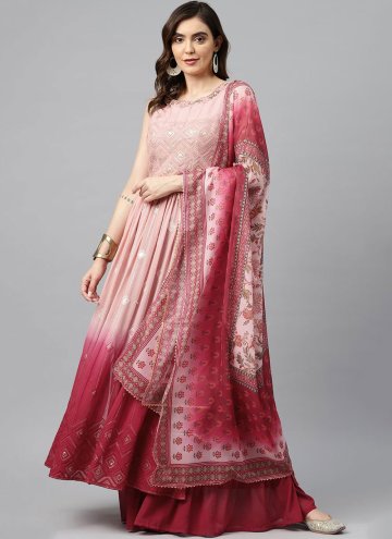 Peach and Pink Georgette Embroidered Salwar Suit f