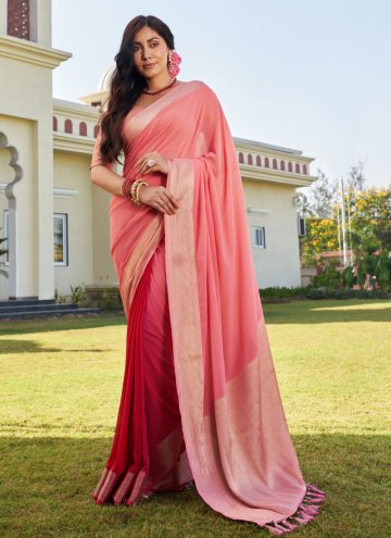 Peach and Red Georgette Woven Trendy Saree for Ceremonial