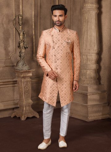 Peach Brocade Jacquard Work Indo Western for Engagement