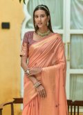 Peach Classic Designer Saree in Cotton  with Woven - 1