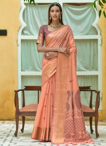 Peach Classic Designer Saree in Cotton  with Woven