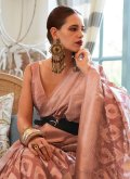 Peach Classic Designer Saree in Handloom Silk with Multi - 1