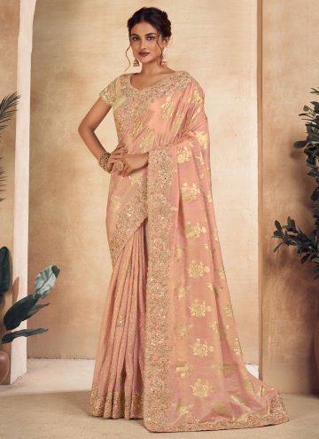 Peach Classic Designer Saree in Jacquard with Embroidered