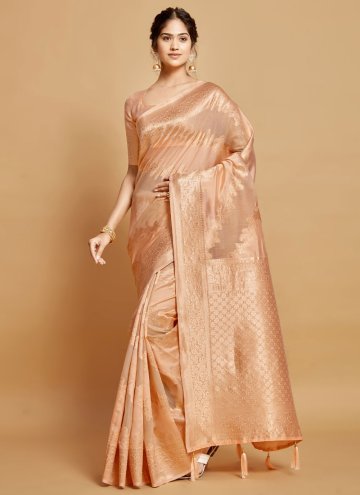 Peach Classic Designer Saree in Linen with Woven