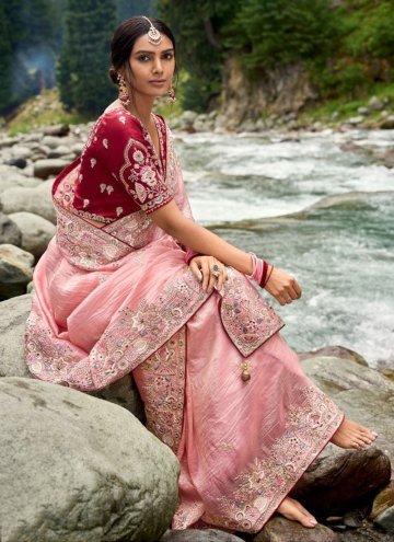 Peach Classic Designer Saree in Silk with Embroidered