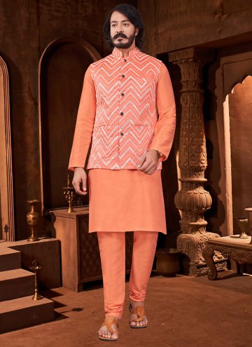 Peach color Art Silk Kurta Payjama With Jacket with Mirror Work