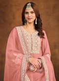 Peach color Embroidered Faux Georgette Palazzo Suit - 1