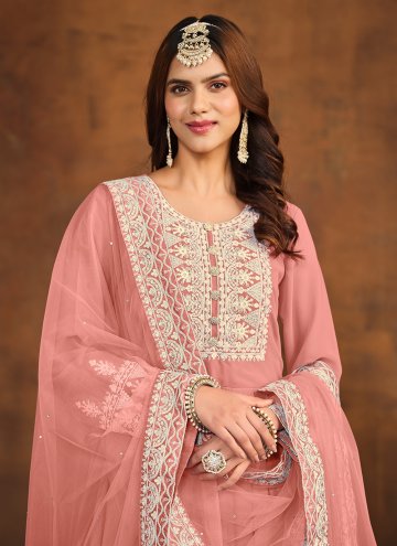 Peach color Embroidered Faux Georgette Palazzo Suit