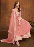 Peach color Embroidered Faux Georgette Palazzo Suit - 2