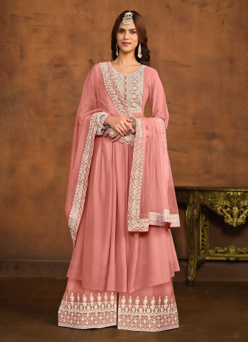 Peach color Embroidered Faux Georgette Palazzo Suit