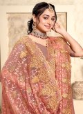 Peach color Embroidered Net Trendy Saree - 1