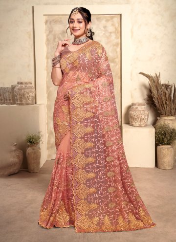 Peach color Embroidered Net Trendy Saree