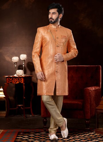 Peach color Fancy Fabric Sherwani with Embroidered