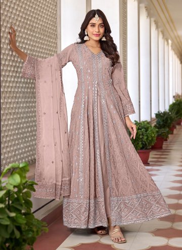 Peach color Faux Georgette Anarkali Salwar Kameez with Embroidered