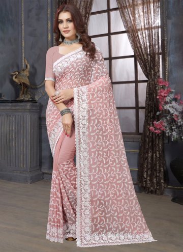 Peach color Georgette Trendy Saree with Embroidered