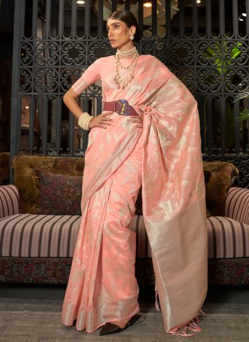 Peach color Handloom Silk Contemporary Saree with Woven