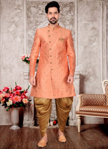 Peach color Jacquard Work Fancy Fabric Indo Western Sherwani