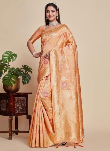Peach color Kanjivaram Silk Trendy Saree with Woven