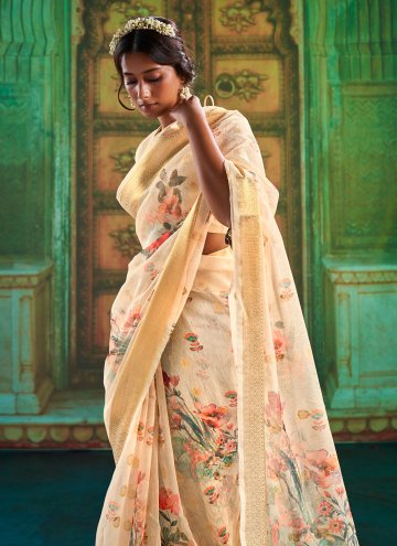 Peach color Linen Traditional Saree with Digital Print
