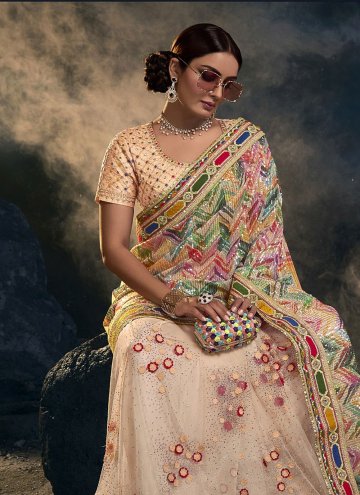 Peach color Net Classic Designer Saree with Embroidered