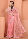 Peach color Net Contemporary Saree with Embroidered - 1