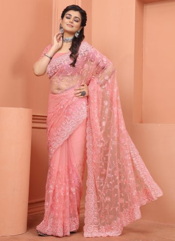 Peach color Net Contemporary Saree with Embroidered