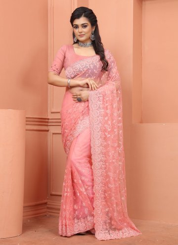 Peach color Net Contemporary Saree with Embroidere